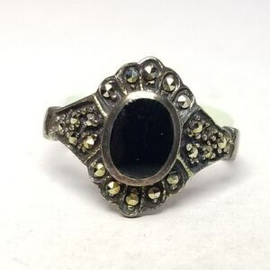 Vintage Sterling Silver Black Onyx Marcasite Oval Ring, Size 8 Band, Estate
